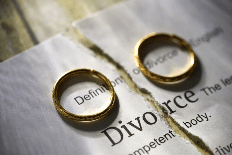 divorce paperwork and wedding rings